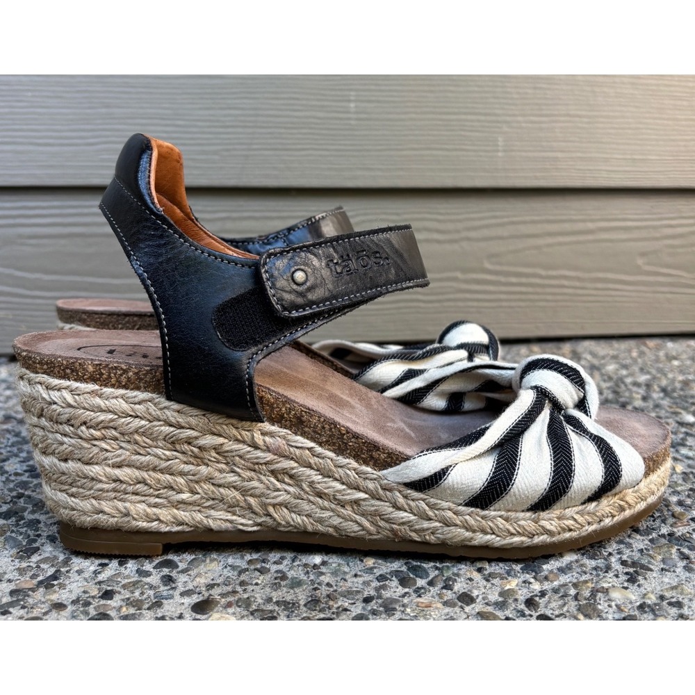 Taos Very Jute Black White Striped Leather Wedge Summer Sandals EU 40 US 9-9.5